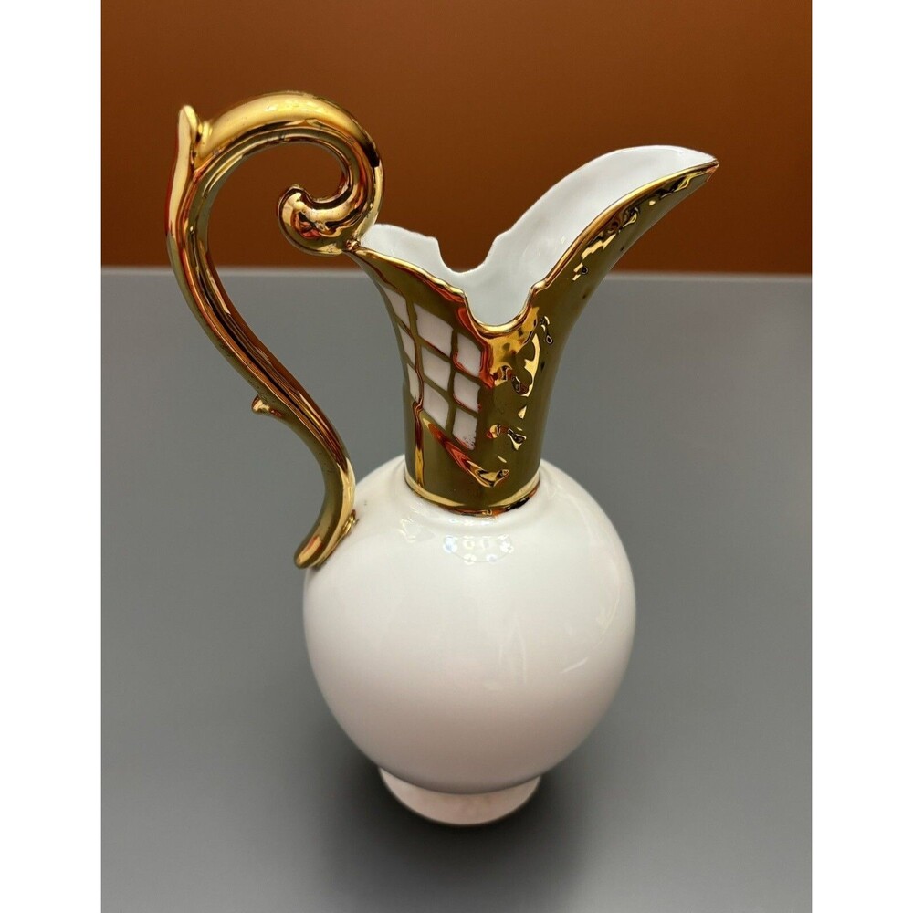 Vintage Hand Painted Bud Vase Pitcher, White Gold, Signed, Mid Century Modern